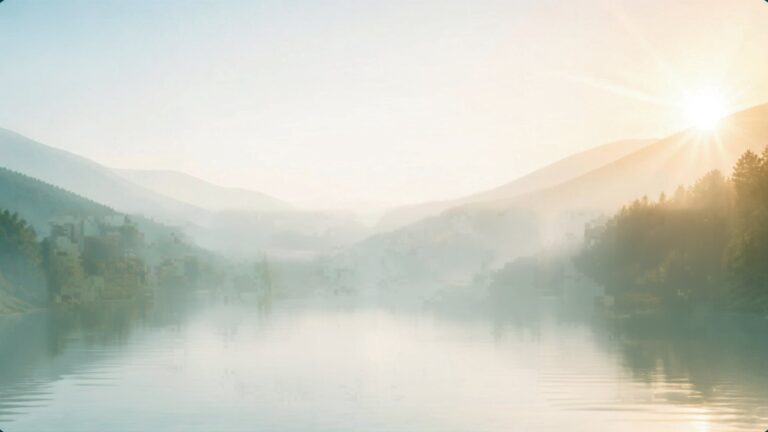 Misty valley with forested hills