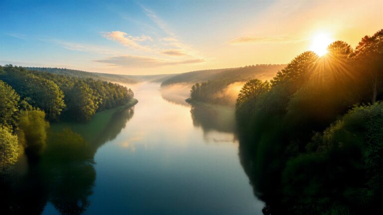 River at sunrise seen from above